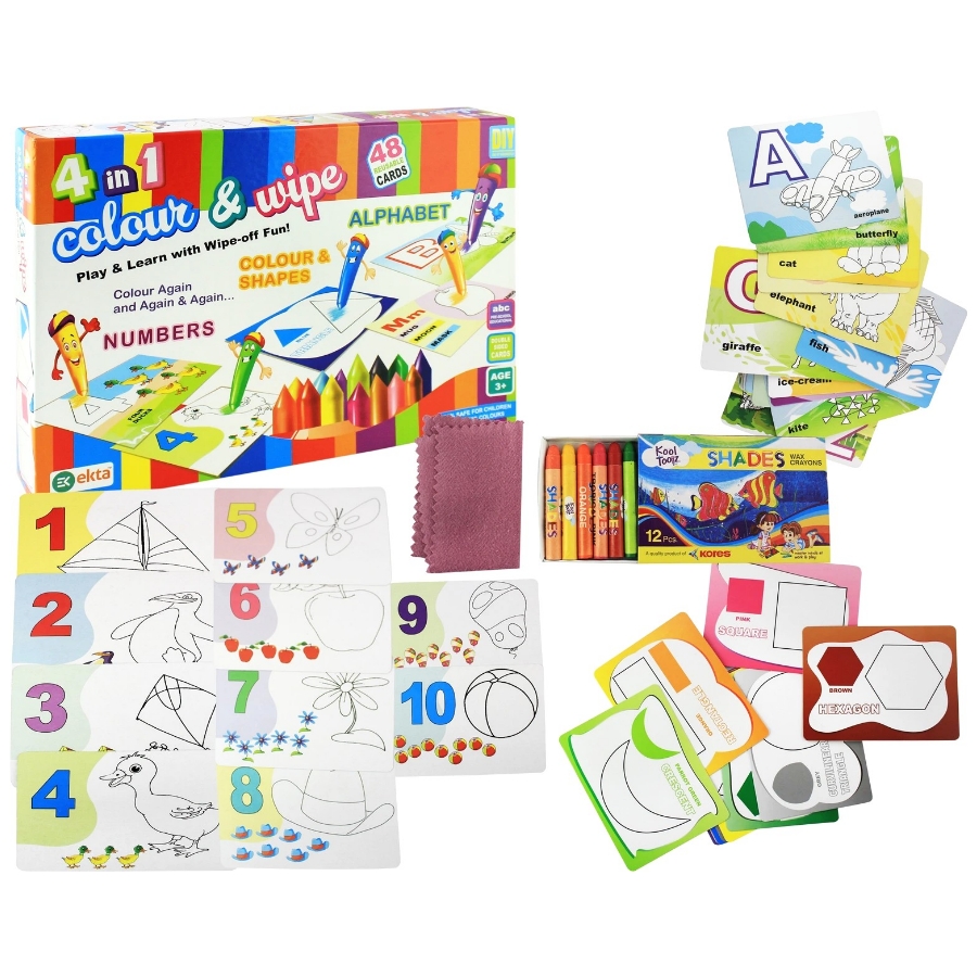 Ekta 4 in 1 Colour & Wipe Kit – 48 Reusable Double-Sided Cards for Kids – Educational Learning Set for Alphabets, Numbers, Shapes & Colours – Includes Crayons & Duster – Ages 3 to 6 Years