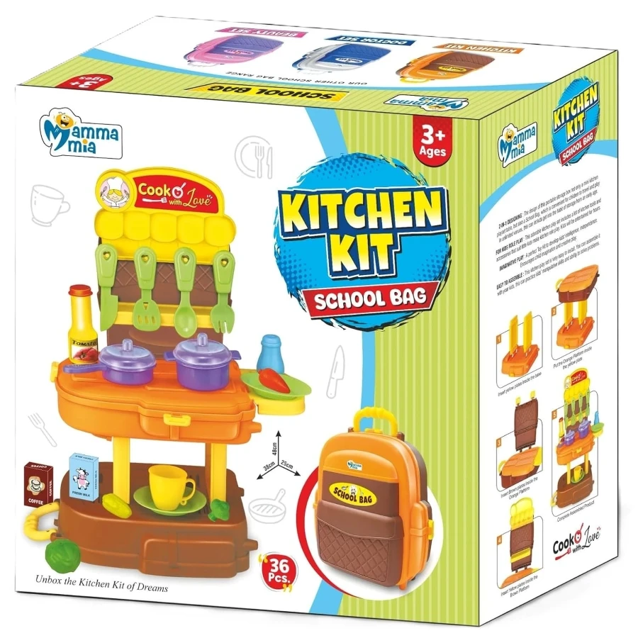 Mamma Mia 36 Pcs Kitchen Set Schoolbag – Kids Convertible Pretend Cooking Backpack with Stove & Utensils Accessories (Ages 3+)