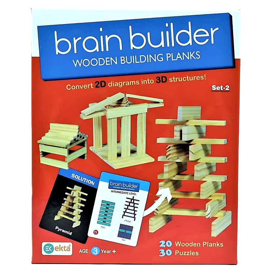 Ekta Brain Builder Wooden Building Planks Set-2 – 50 Pcs Advanced STEM Construction Toy – 20 Precision Wood Planks & 30 3D Puzzles – Montessori Educational Gift for Critical Thinking – Ages 7 to 10 Years