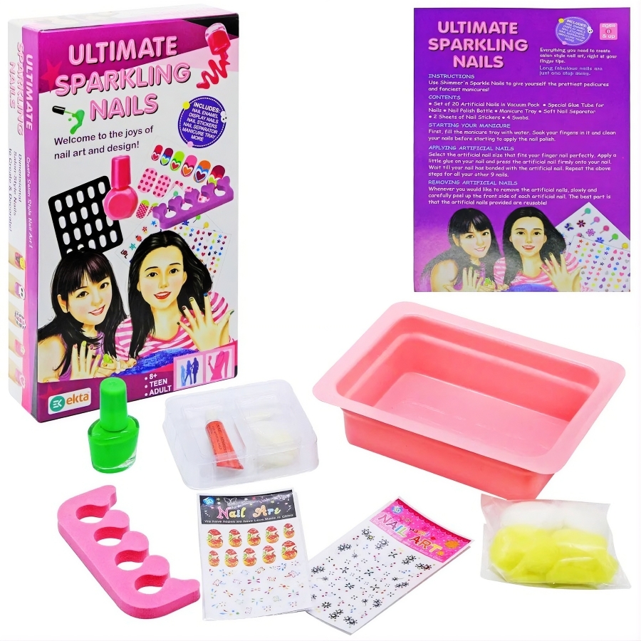 Ekta Ultimate Sparkling Nails Kit – DIY Salon Set with 20 Artificial Nails & Sparkly Stickers – Complete Manicure Studio for Girls with Nail Separator & Glossy Finish – Creative Gift Ages 5+