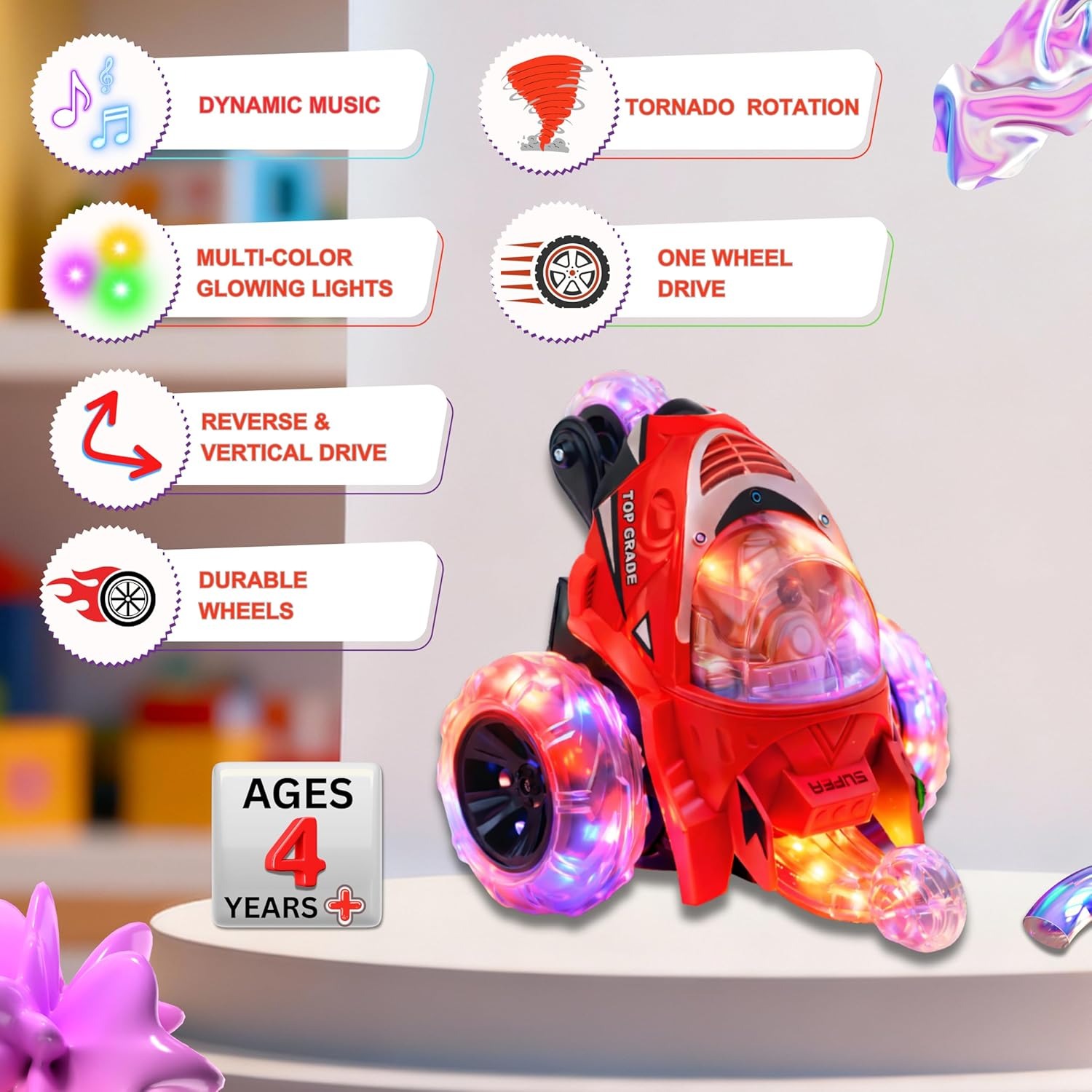 Gooyo GY-0242 Rechargeable Stunt Car for Kids – 360° Tornado Rotation & Reverse Drive Function – Remote Control Car with LED Lights, Music & Demo Mode – USB Charging (Assorted Color) - Pack of 1
