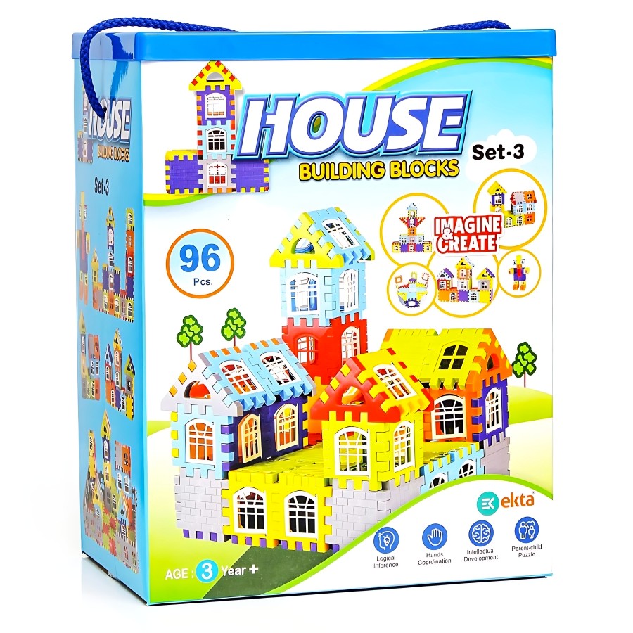 Ekta House Building Blocks with Windows Set-3 – 96 Piece Big Size Interlocking Blocks – Educational STEM Toy for Creative House Building – Includes Windows & Doors – Ages 3+ Years