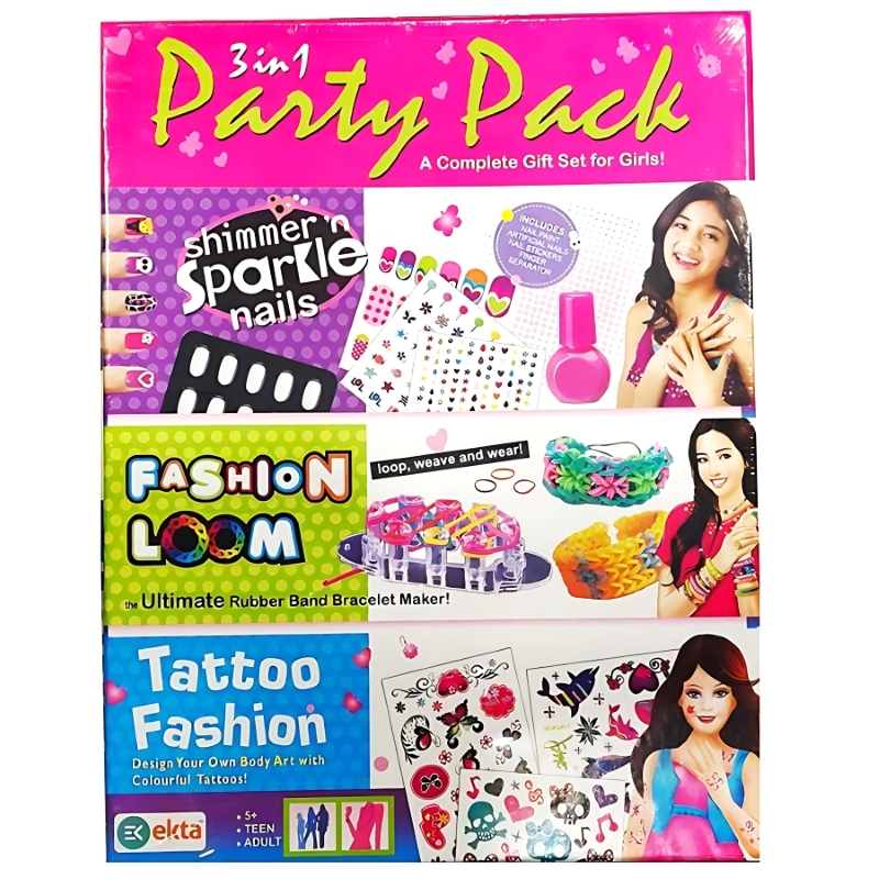 Ekta 3-in-1 Party Pack – Complete DIY Kit for Nails, Loom Crafts & Glitter Tattoos – Includes 3 Creative Activities in 1 Box – Educational Gift for Girls Ages 5+