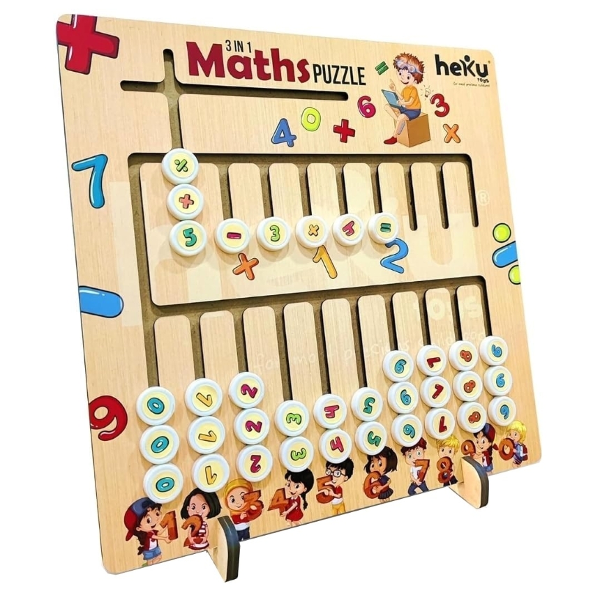 heKu 3-in-1 Wooden Maths Puzzle – Montessori Educational Toy for Toddlers – Counting, Number Recognition & Basic Arithmetic Set – Safe & Non-Toxic – Ages 6+ Years