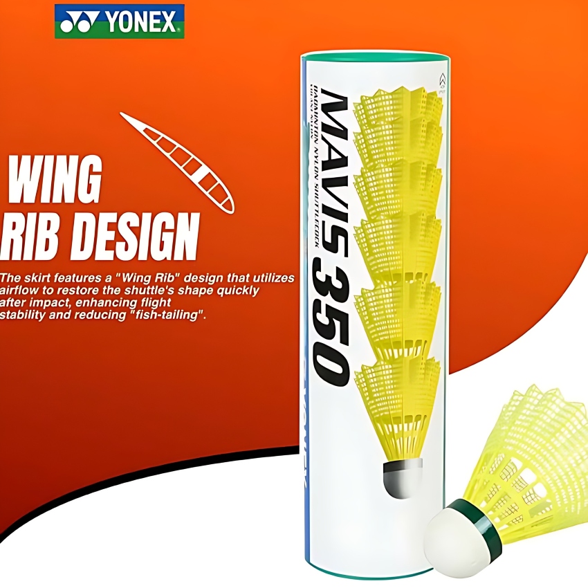 Yonex Mavis 350 Nylon Shuttlecock (Yellow, Pack of 6) – Slow Speed Green Cap Birdies with Natural Cork Base – Durable Training Shuttles with Feather-Like Flight