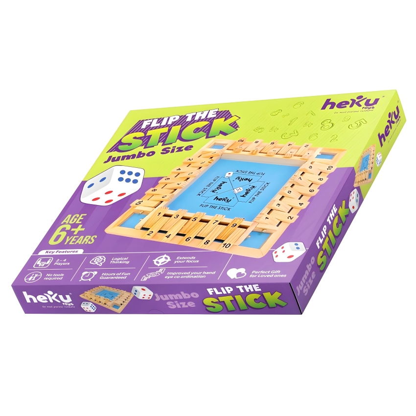 heKu 4-Player Flip the Stick Wooden Board Game – Jumbo Size Shut the Box Dice Game – Multiplayer Math & Strategy Toy for Families – Premium Handcrafted Wood – Ages 6+ Years