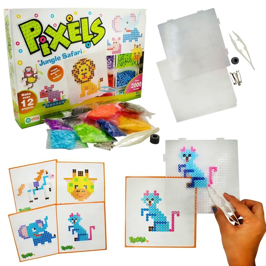 Ekta Pixels Jungle Safari Beadwork Art Kit – 3D Pixel Mosaic Craft for Kids – Create Realistic Safari Animals with Colorful Beads – Creative STEM Hobby Gift for Boys & Girls Ages 5+