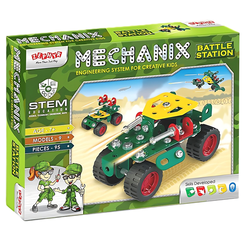 Zephyr Mechanix Battle Station STEM Building Set – 95 Pieces – 9-in-1 DIY Metal Construction Toy for Kids Ages 7+ – Engineering & Skill Development Kit – Builds 9 Defense Models