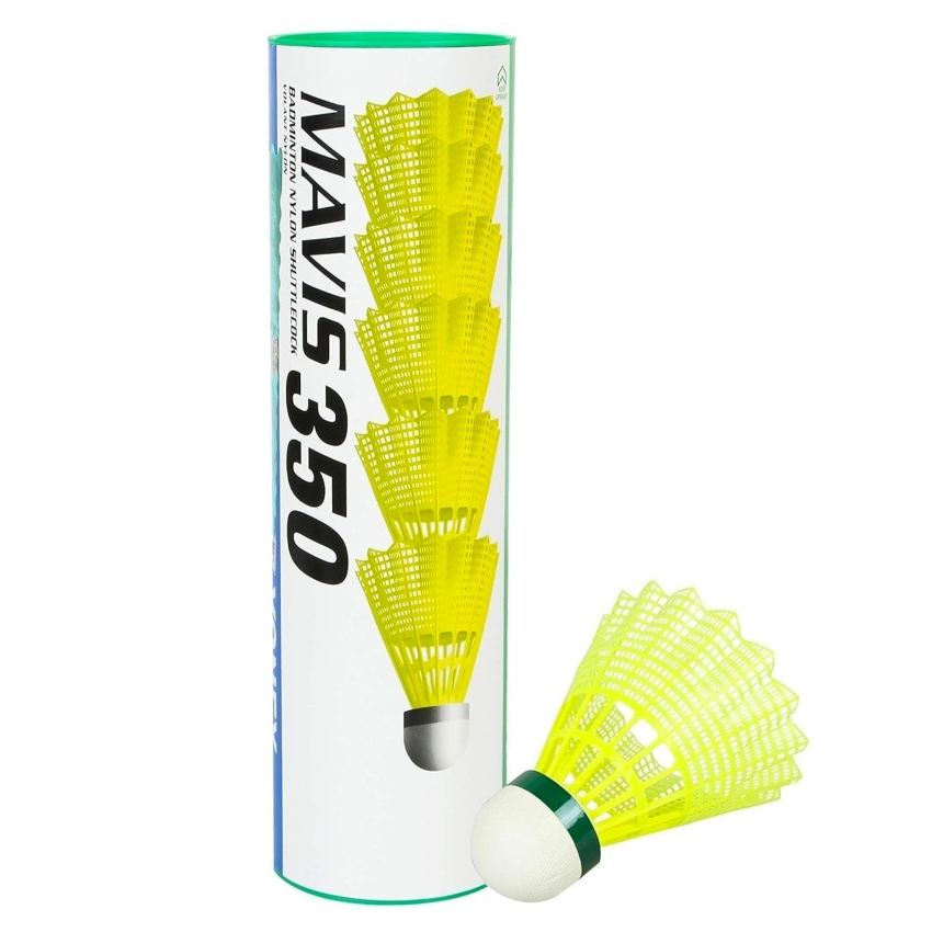 Yonex Mavis 350 Nylon Shuttlecock (Yellow, Pack of 6) – Slow Speed Green Cap Birdies with Natural Cork Base – Durable Training Shuttles with Feather-Like Flight