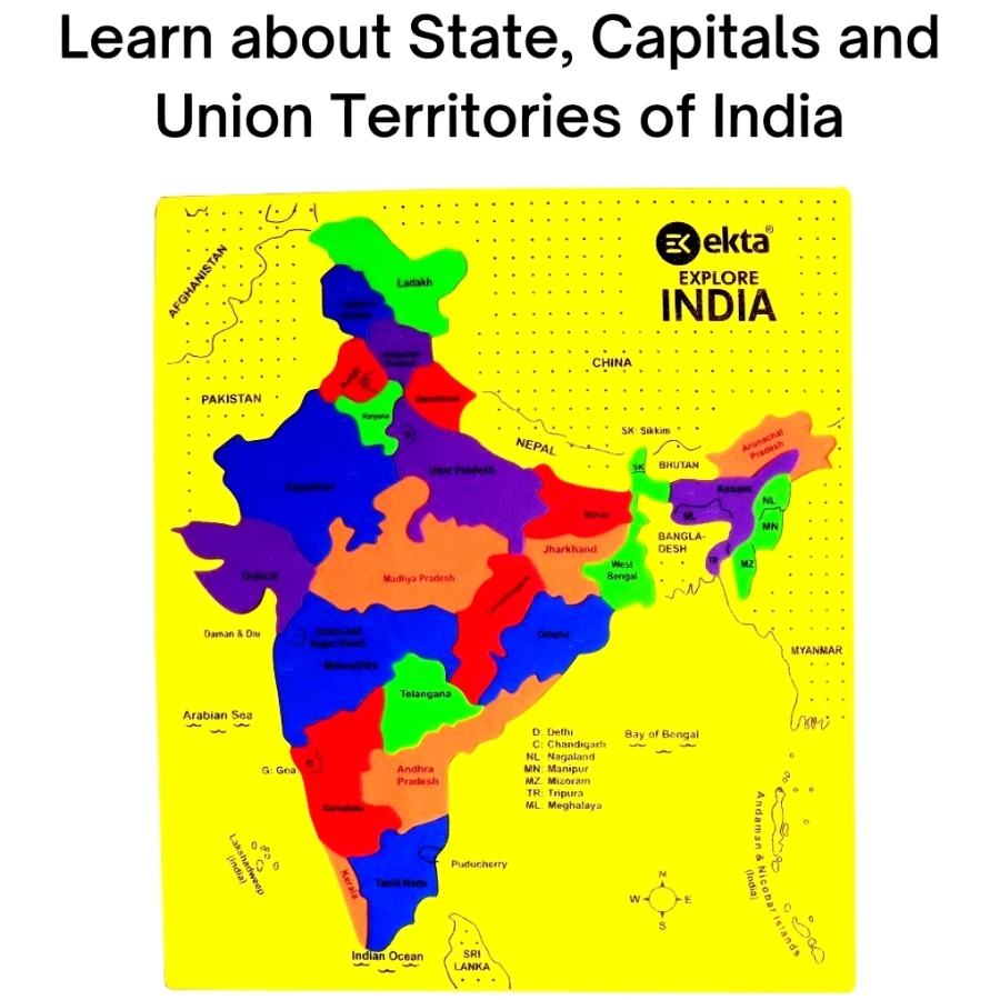 Ekta Explore India Map Foam Puzzle for Kids – 24 Piece State-Shaped Jigsaw with 35 Flags & Capital Stickers – Educational STEM Geography Game – Ages 3 to 10 Years