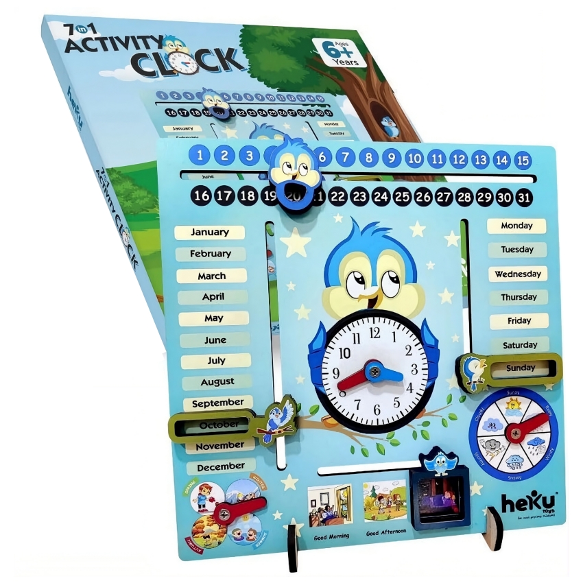 heKu 7-in-1 Wooden Educational Activity Clock – All-in-One Calendar Board for Kids – Learn Time, Days, Months, Seasons & Weather – Montessori STEM Toy – Ages 6+ Years
