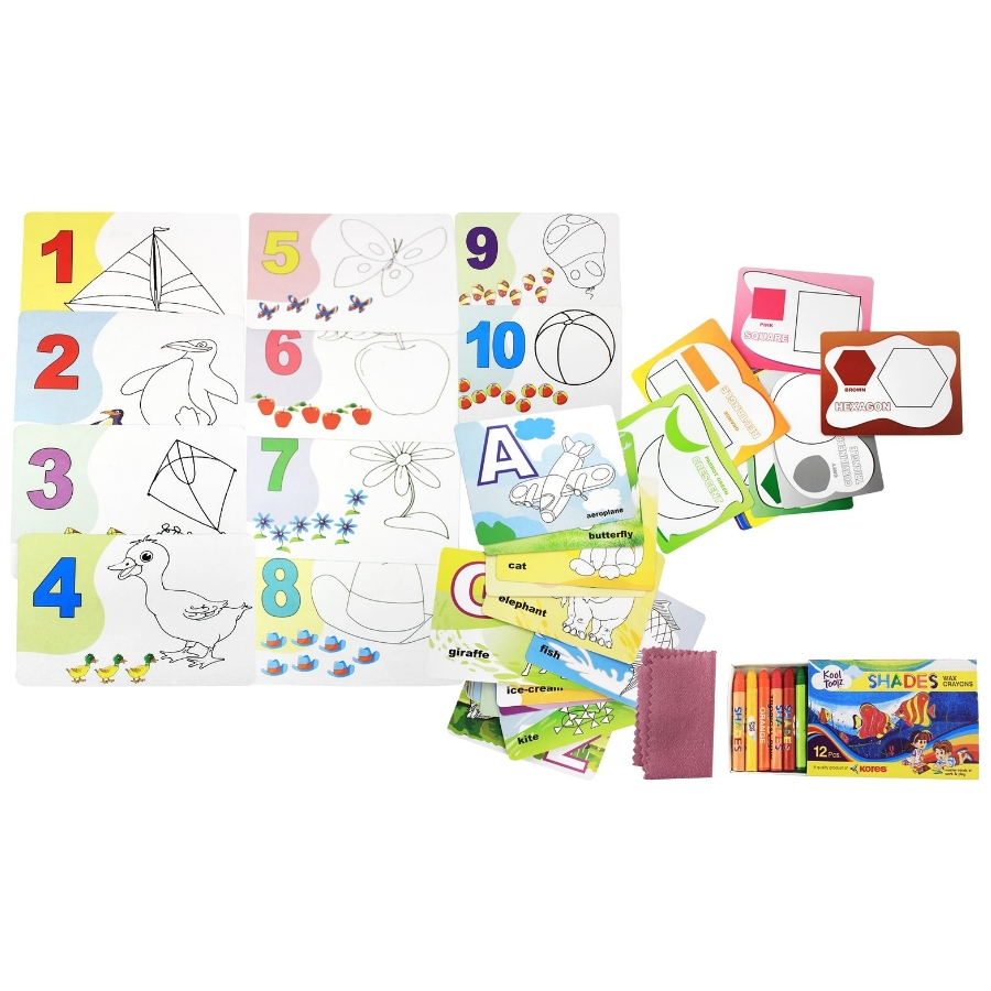 Ekta 4 in 1 Colour & Wipe Kit – 48 Reusable Double-Sided Cards for Kids – Educational Learning Set for Alphabets, Numbers, Shapes & Colours – Includes Crayons & Duster – Ages 3 to 6 Years