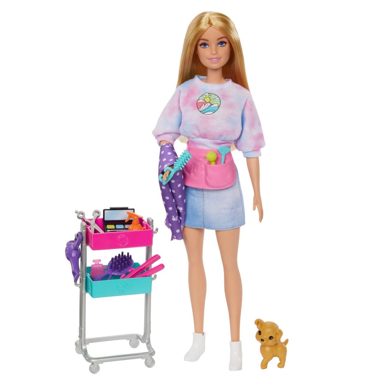 Barbie Malibu Stylist Doll Playset - 15 Pieces Total - Professional Hair & Makeup Salon Theme with Vanity Cart, Pet Puppy & Beauty Tools - Creative Career Toy for Kids Ages 3+
