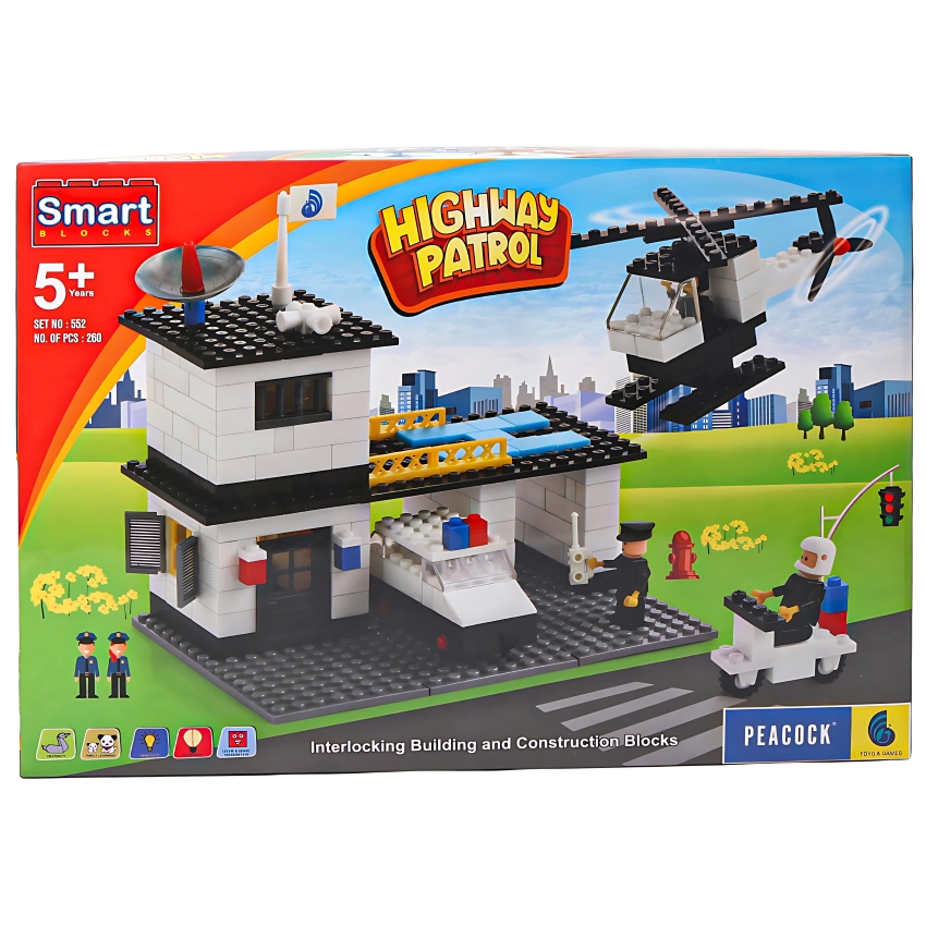 Peacock Highway Patrol Smart Blocks Set – 260 Piece Premium Interlocking Building Blocks – STEM Educational Construction Toy for Kids – Build Police Cars & Stations – Ages 5+ Years