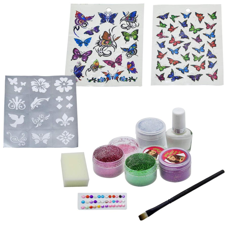 Ekta Glitter Tattoo Body Art Kit for Kids – Create 100+ Professional Temporary Tattoos – Skin-Safe DIY Fashion Craft Set with Sparkling Glitter & Stencils – Ideal Party Activity for Girls Ages 6+