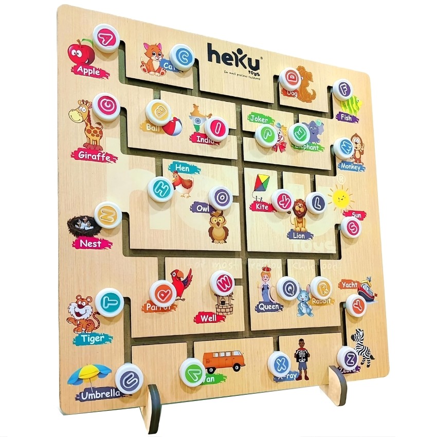 heKu 3-in-1 Wooden Alphabet Puzzle – Montessori Educational Learning Toy for Toddlers – Letter Recognition, Spelling & Word Building Set – Safe & Non-Toxic – Ages 6+ Years