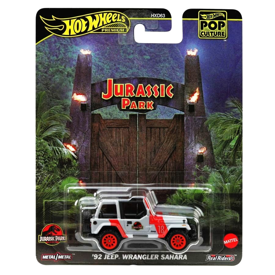 Hot Wheels Jurassic Park Jeep Wrangler Sahara '92 – Premium Pop Culture Series – 1:64 Diecast Vehicle with Authentic Movie Livery – Real Riders Wheels – Mattel JBL59