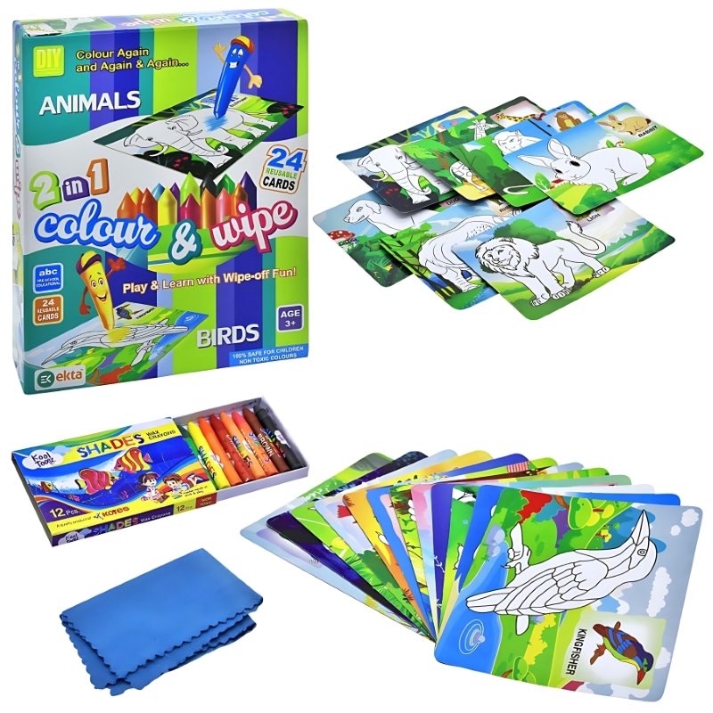 Ekta Colour & Wipe Animals And Birds – 24 Reusable Cards with Crayons & Duster – Educational Preschool Learning Kit – Non-Toxic Mess-Free Sensory Toy – Picture-Word Recognition Game for Kids Ages 3+