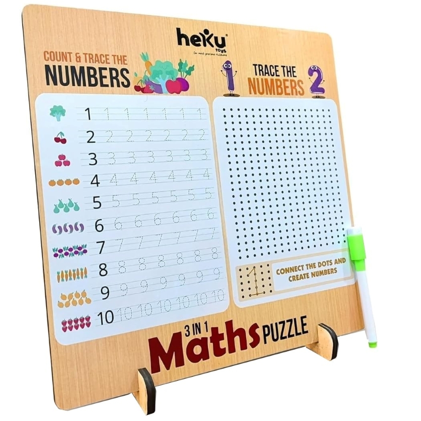 heKu 3-in-1 Wooden Maths Puzzle – Montessori Educational Toy for Toddlers – Counting, Number Recognition & Basic Arithmetic Set – Safe & Non-Toxic – Ages 6+ Years