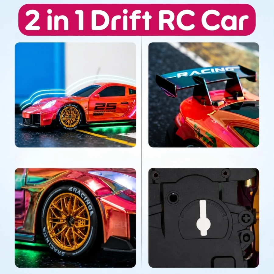 BigFun Toys 2-in-1 RC Drift Racing Car – 1:24 Scale 4WD High Speed 2.4GHz Remote Control Car with LED Lights, Extra Drift Tyres & Traffic Cones | Pack of 1, Assorted Colors