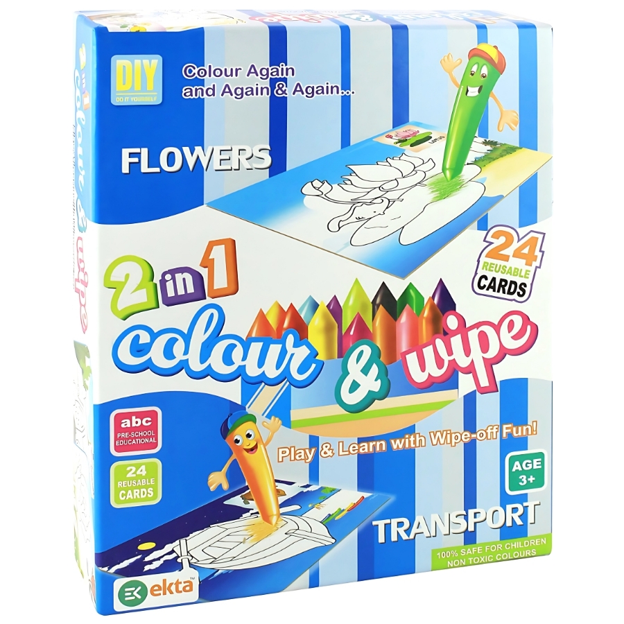 Ekta 2-in-1 Colour & Wipe Flowers & Transport Kit – 24 Reusable Cards with 12 Crayons & Duster – Educational Preschool Picture-Word Recognition Game – Mess-Free Sensory Toy for Kids Ages 3+