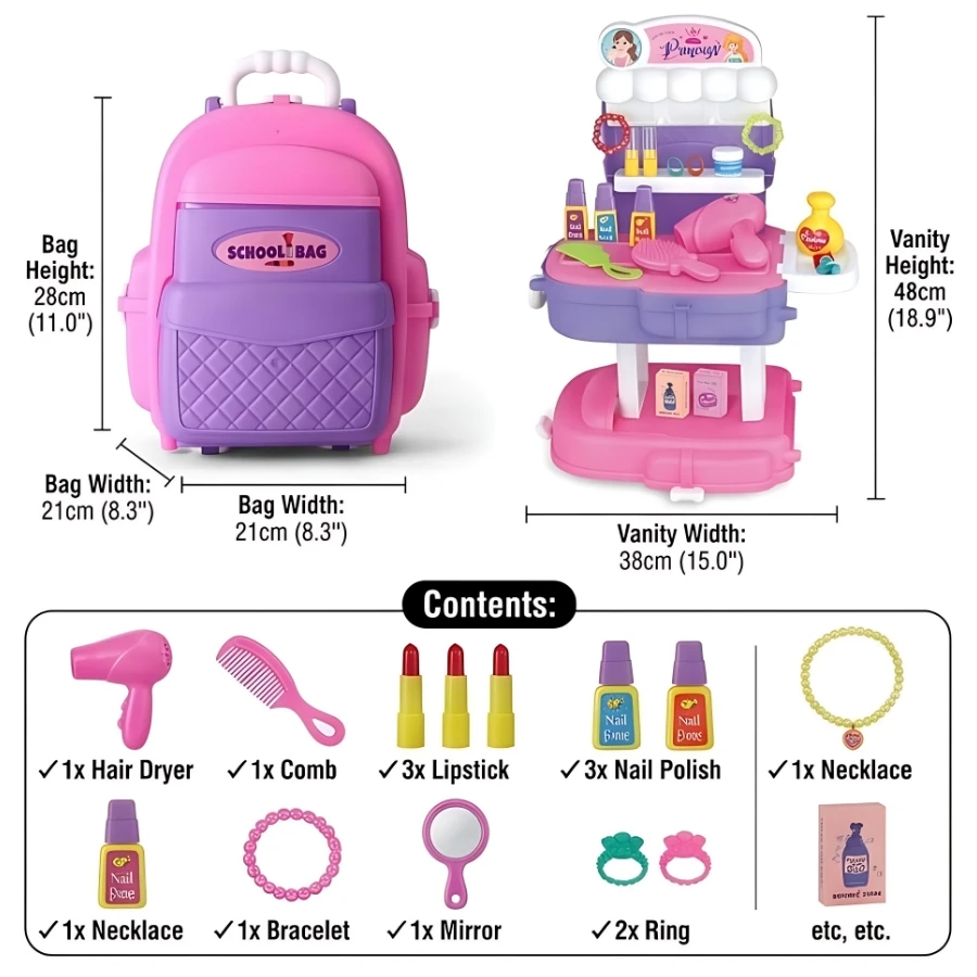 Mamma Mia 36 Pcs Beauty Set School Bag Toy – Kids Convertible Pretend Makeup Backpack in Pink & Purple (Ages 3+)