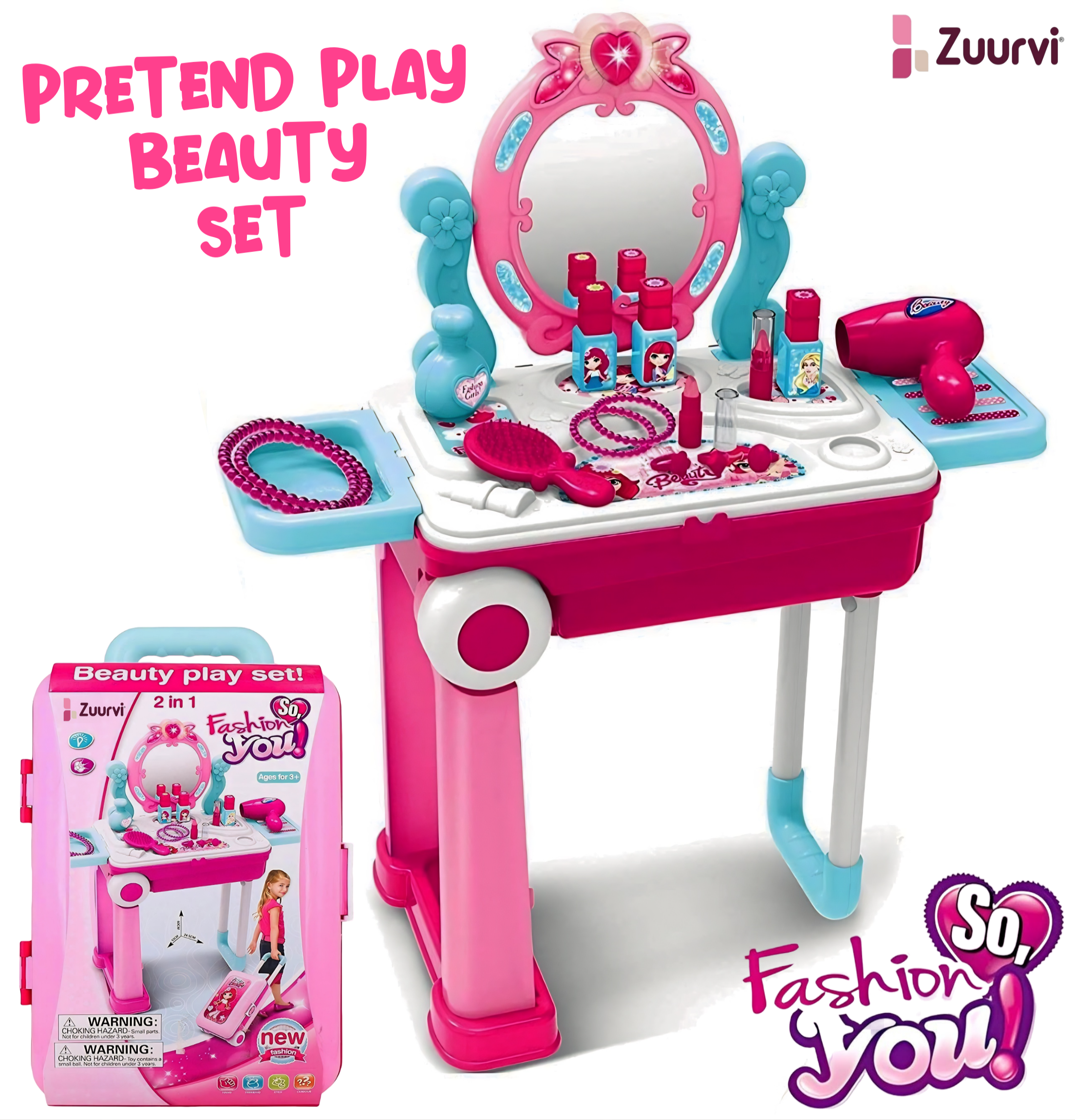 Zuurvi® Portable Fashion Suitcase Vanity Set - 2-in-1 Rolling Trolley Makeup Kit for Toddlers - Interactive Beauty Toy with Light, Sound & 30+ Accessories - Best Birthday Gift for Girls