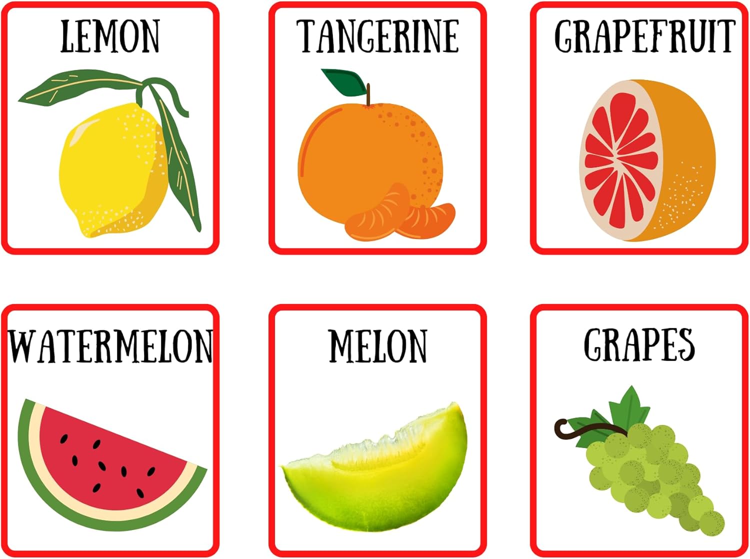 Fruit Flash Cards Set, Educational Learning Cards, 12 Pieces, Lemon Tangerine Grapefruit Watermelon Melon Grapes Apple Orange Pear Banana Peach Strawberry