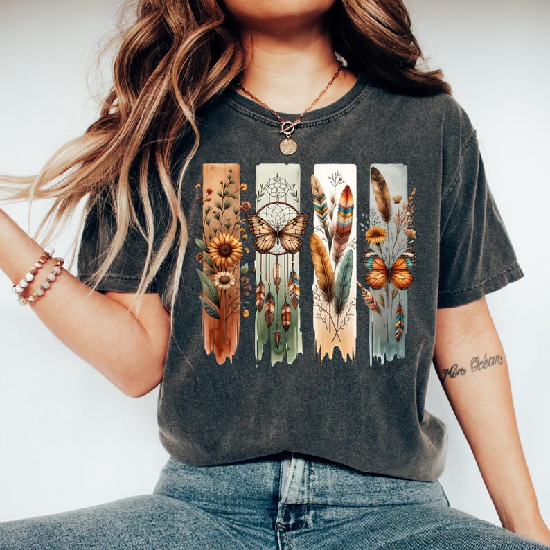 Boho Wildflowers Shirt, Boho Feathers Flowers Shirt, Butterfly Floral Shirt, Mothers day gift, Trendy Shirts, boho floral shirt, preppy tee