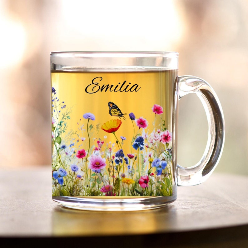 Wildflower Butterfly Glass Mug Personalized Botanical Tea Cup