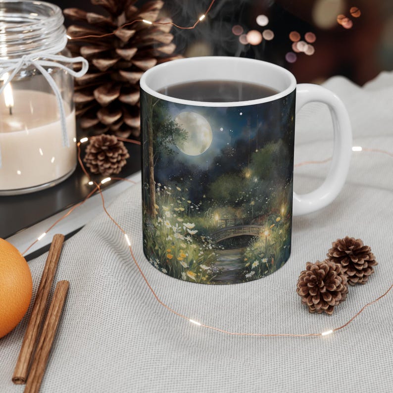 Moon Garden Art Coffee Mug Night Garden Bridge Fairy Lights