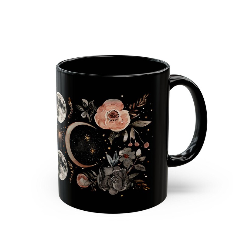 Floral Triple Moon Coffee Mug Celestial Gold Stars Witchy Cosmic Cup