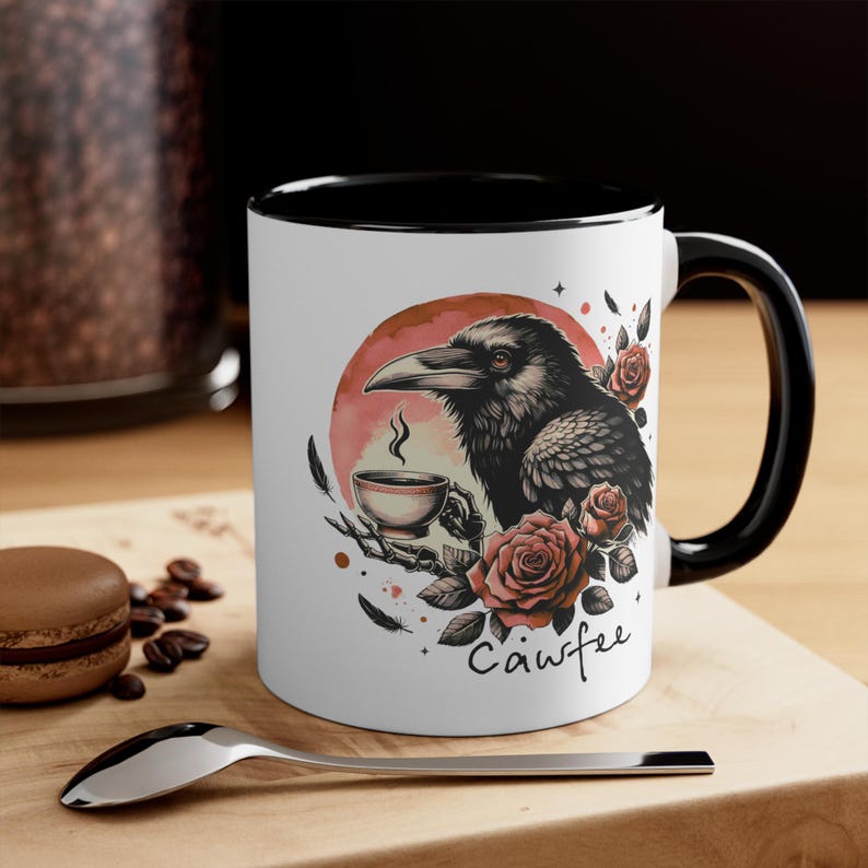 Gothic Crow Coffee Mug Black Bird & Roses Accent Mug