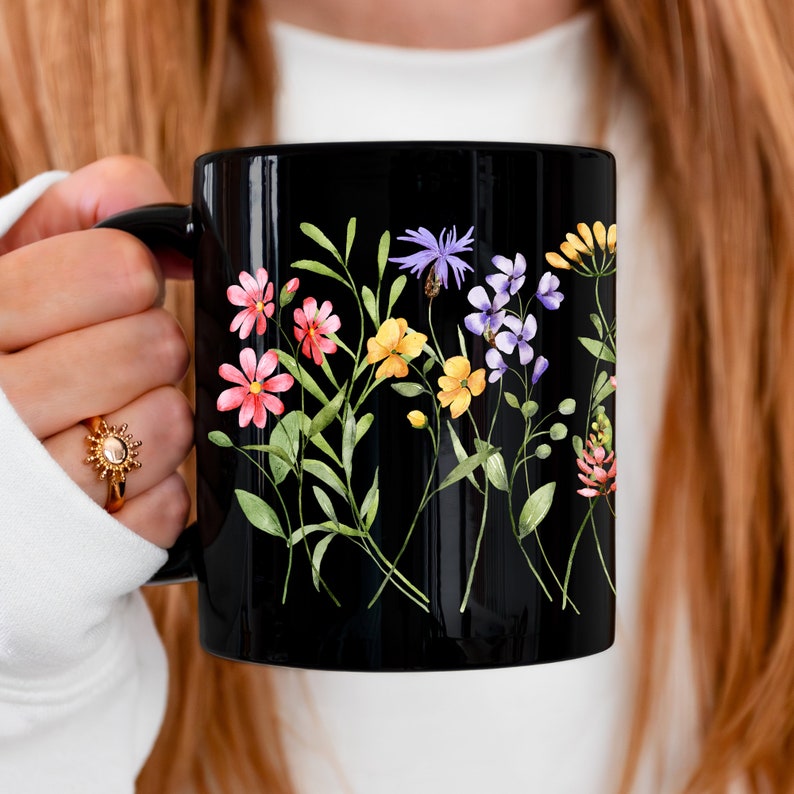 Wildflower Coffee Mug Botanical Floral Design on Black