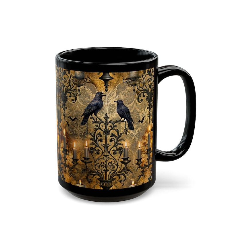 Gothic Raven Candelabra Coffee Mug Spooky Halloween Decor