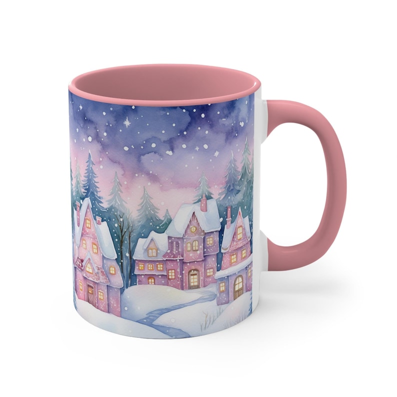 Winter Village Coffee Mug Blue & Pink Holiday Art
