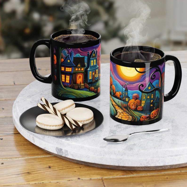 Halloween Haunted House Mug Spooky Folk Art Coffee Cup