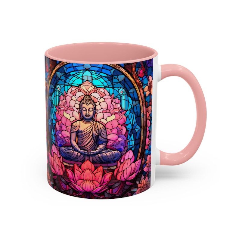 Stained Glass Buddha Coffee Mug Pink Lotus Meditation Tea Cup