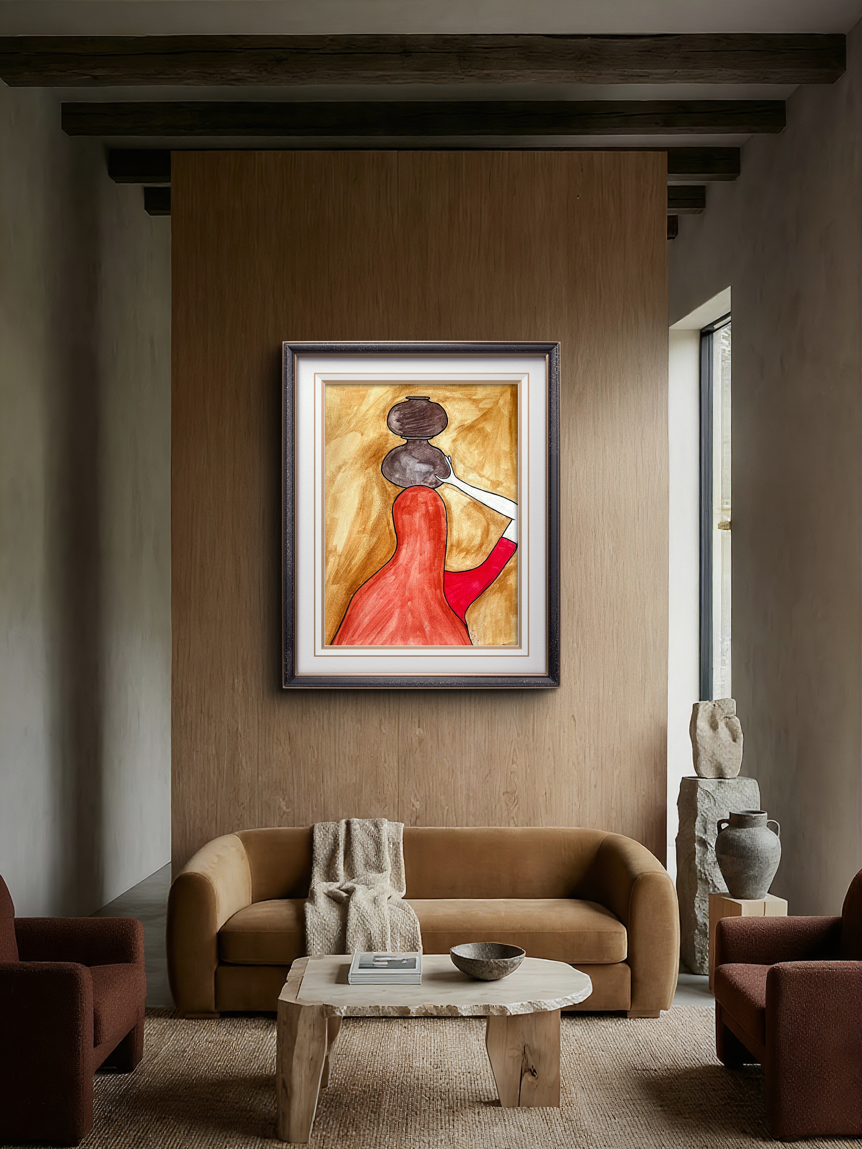 The Carrier – Indian Folk Woman Art Print | Cultural Minimalist Wall Art by Phalguni