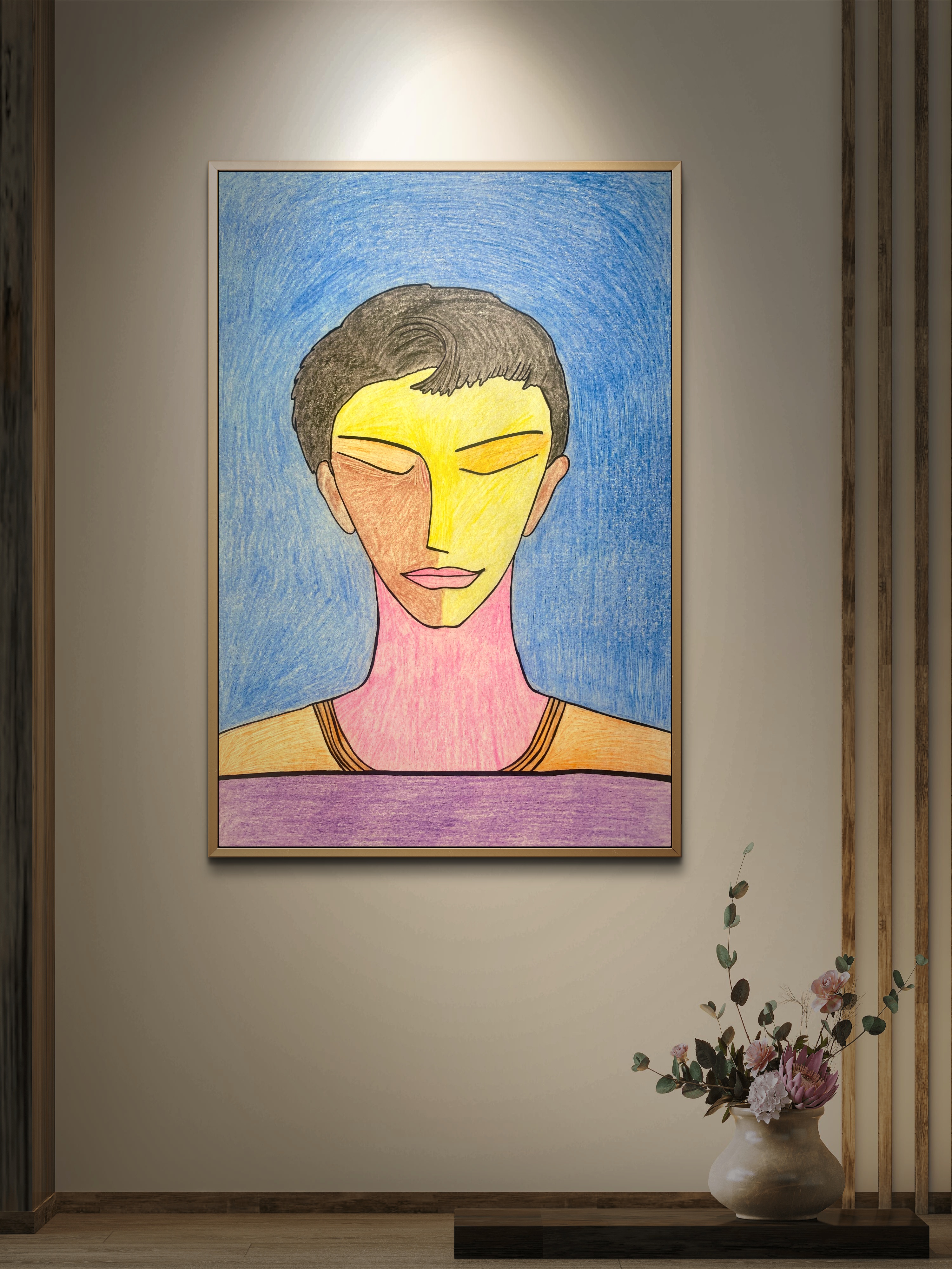 Meditate – Calm Spiritual Face Art Print | Minimal Pencil Portrait Wall Decor by Phalguni