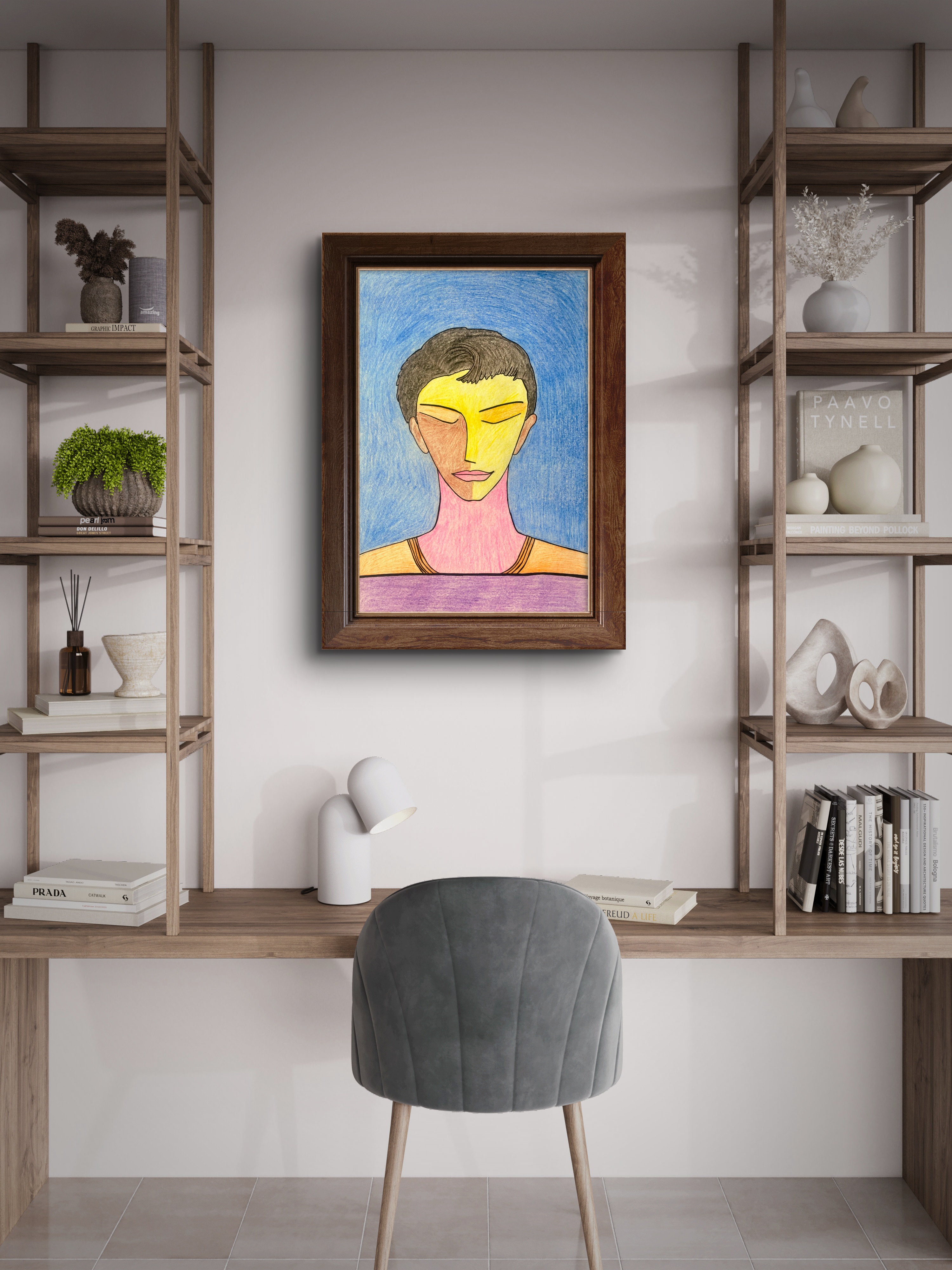 Meditate – Calm Spiritual Face Art Print | Minimal Pencil Portrait Wall Decor by Phalguni