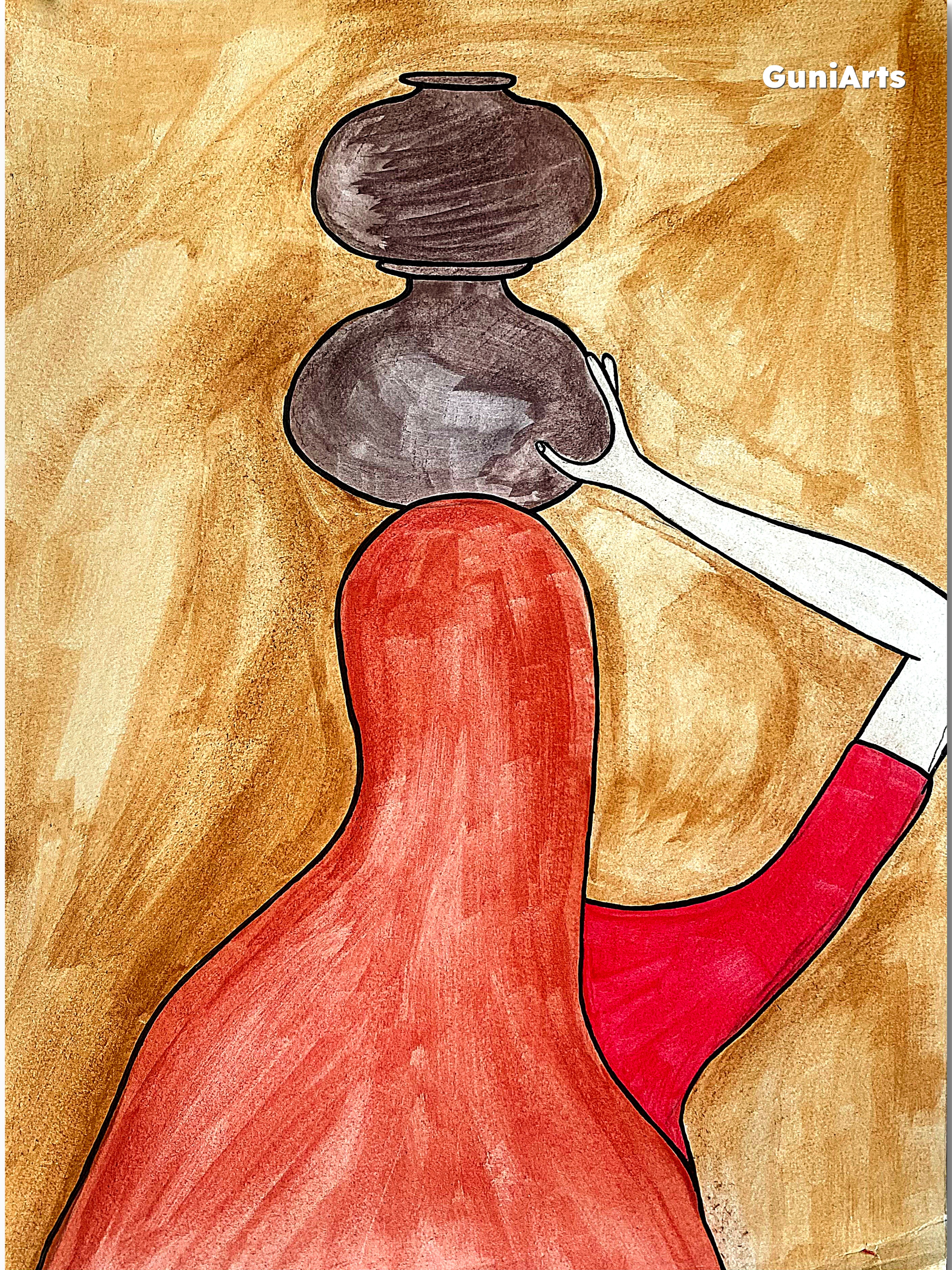 The Carrier – Indian Folk Woman Art Print | Cultural Minimalist Wall Art by Phalguni