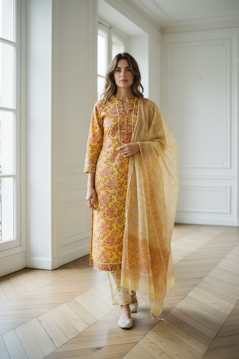 Pure Cotton Hand Block Printed set with Kota Dorea Dupatta