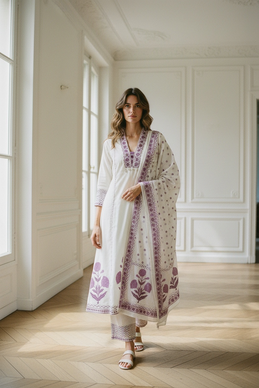 Elegant White and Purple Block Printed Dress With Palazzo