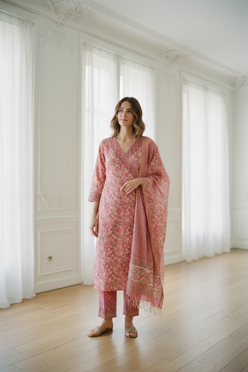 Pure Chanderi Silk Hand Block print set with pure Chanderi Dupatta