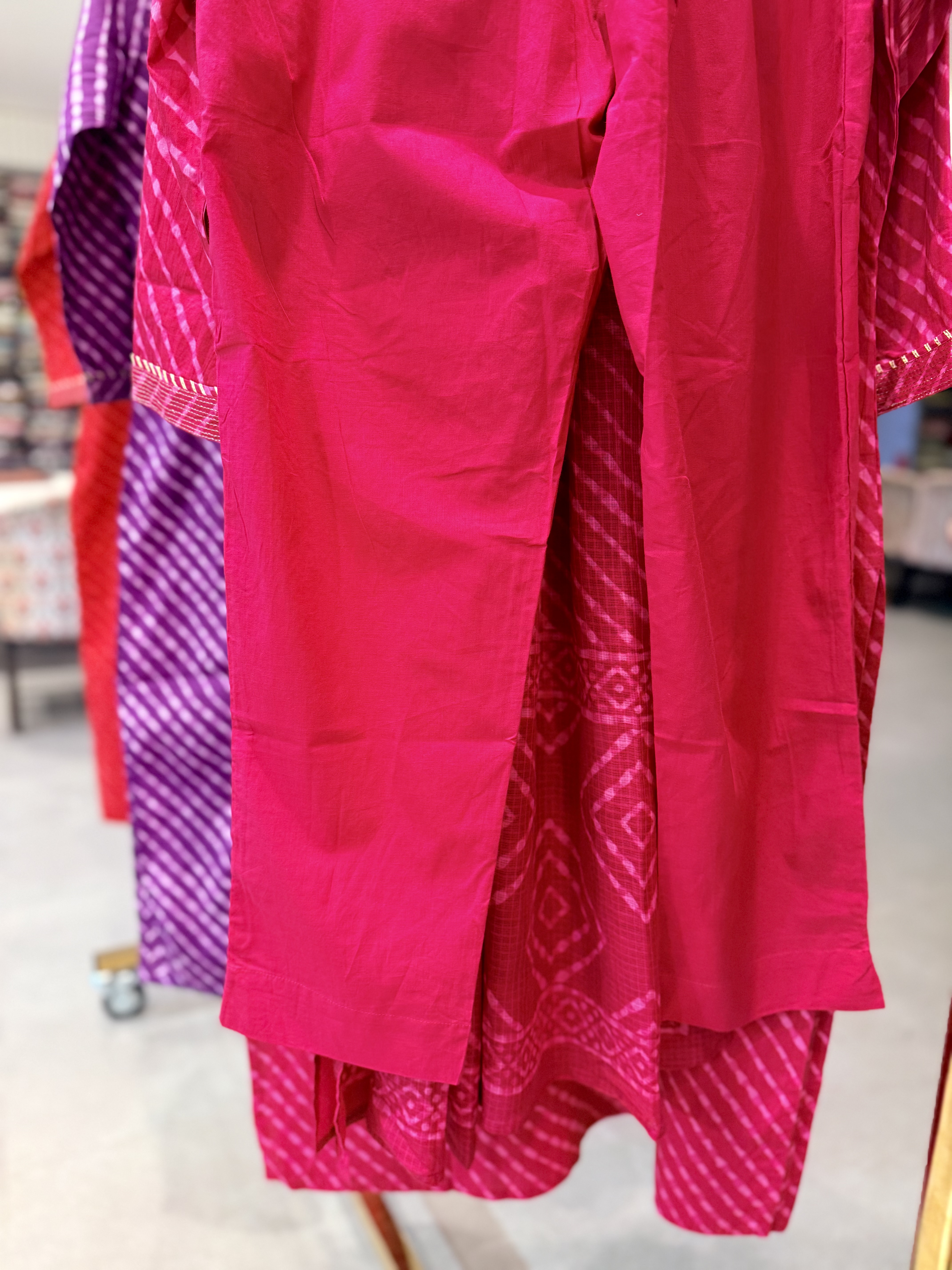 Pure cotton 3 piece leharia set with Peetha work and gota Patti pintucks