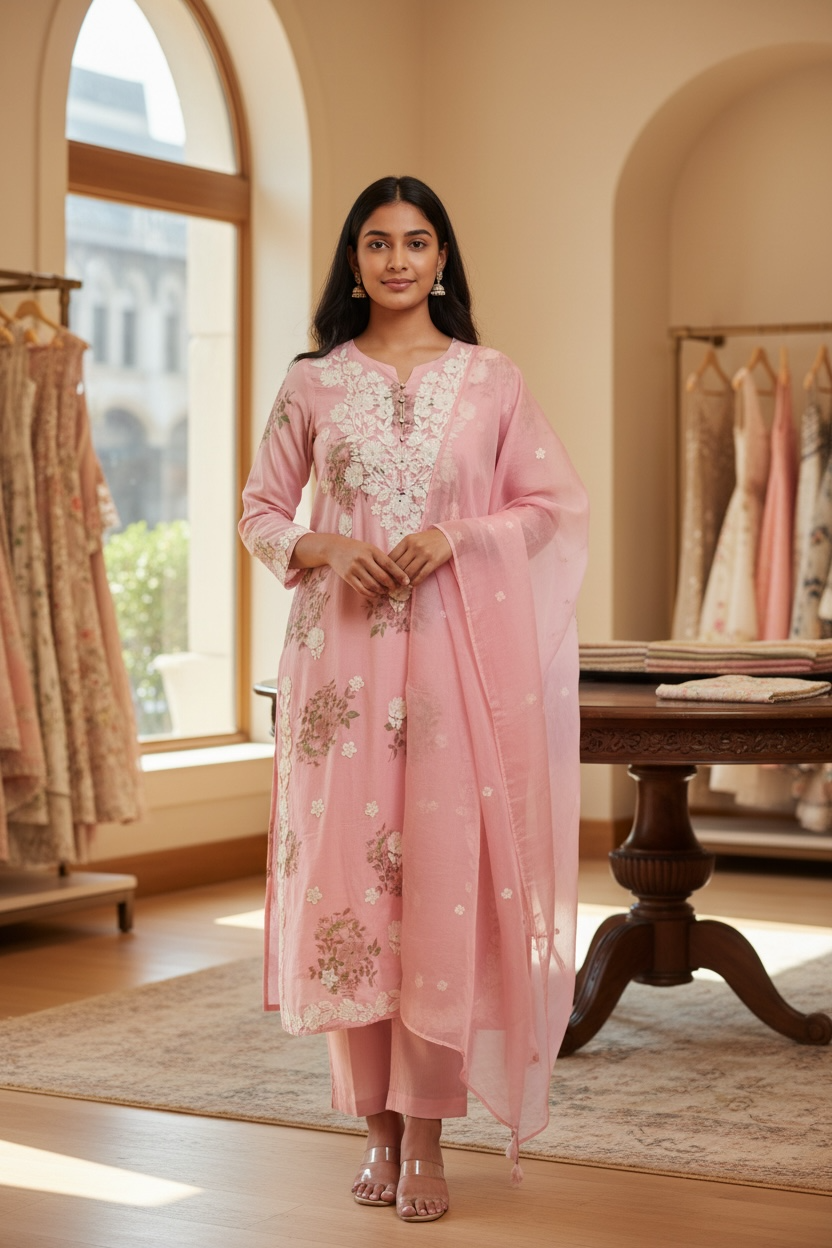 Elegant Floral Embroidered Suit