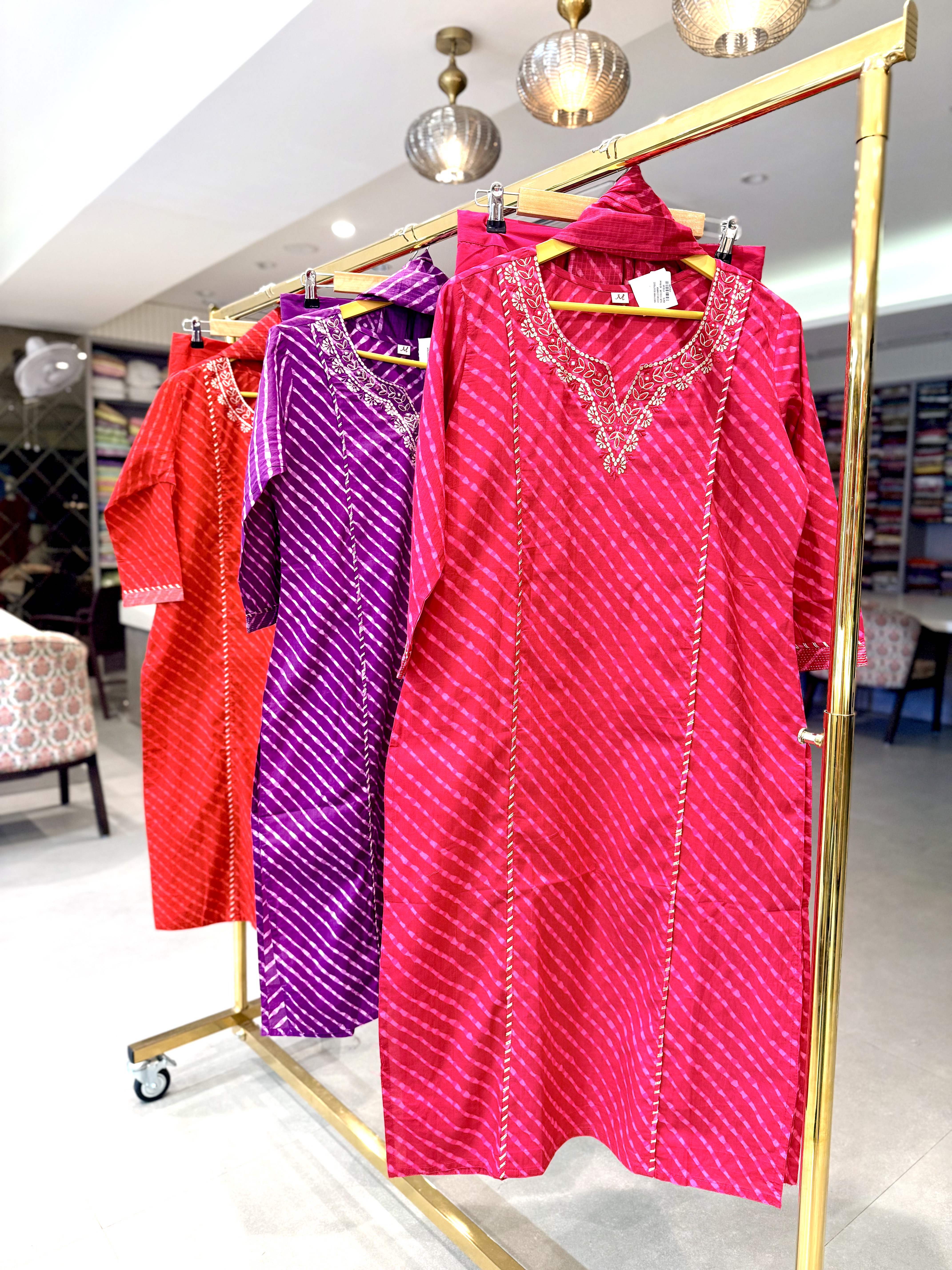 Pure cotton 3 piece leharia set with Peetha work and gota Patti pintucks