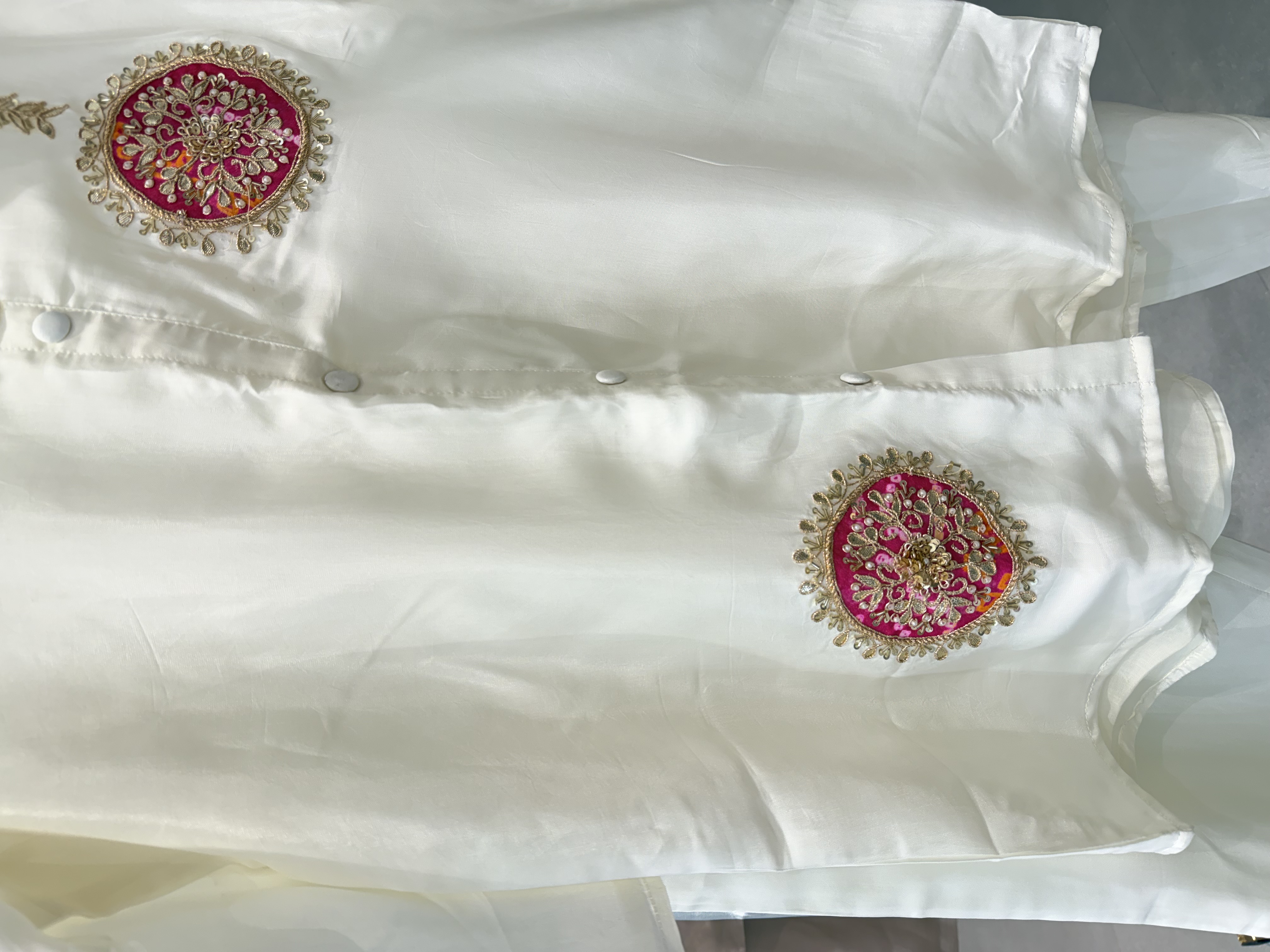 Silk co-ord set with bandhej patch work and gota Patti detailing