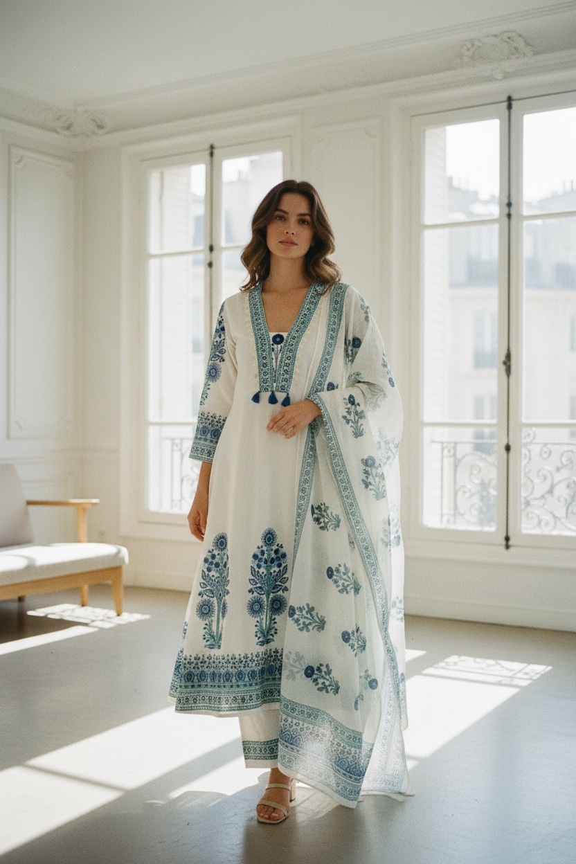 Elegant White and Blue Block Printed Dress With Palazzo